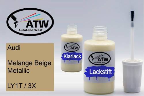 Audi, Melange Beige Metallic, LY1T / 3X: 20ml Lackstift + 20ml Klarlack - Set, von ATW Autoteile West.